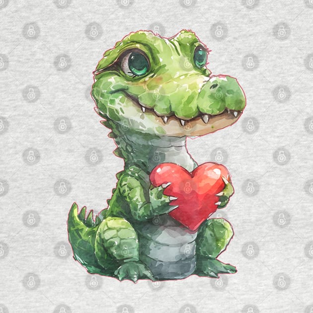 Valentine Crocodile Holding Heart by Chromatic Fusion Studio